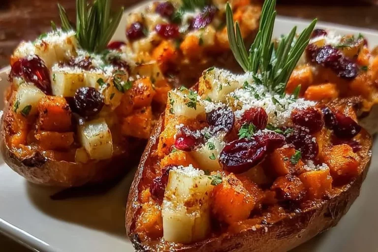 Stuffed sweet potatoes with apples and cranberries, a healthy fall dish.