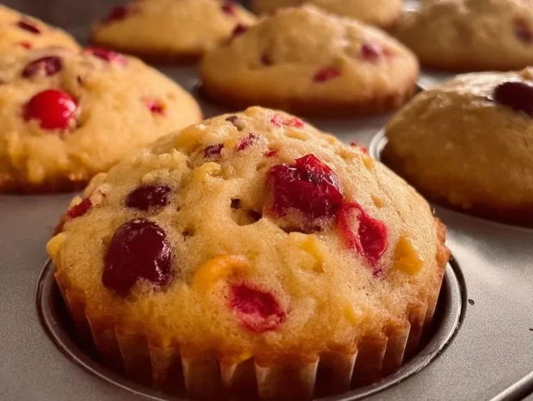 Freshly baked Super Cranberry Orange Muffins arranged on a plate.