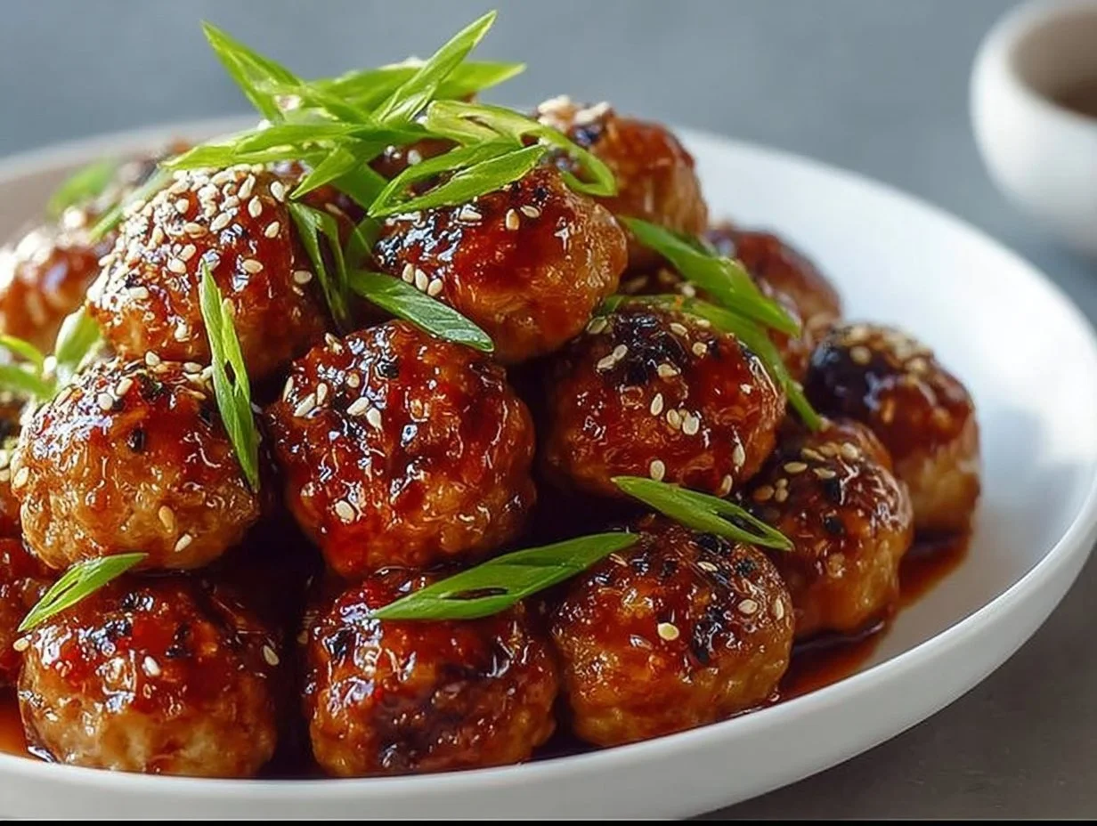 Plate of Sweet Chili Chicken Meatballs garnished with herbs