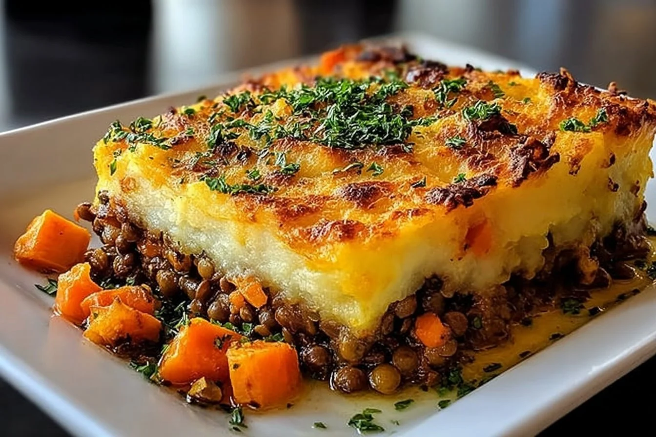 Sweet Potato & Lentil Shepherd's Pie topped with golden mashed sweet potato.