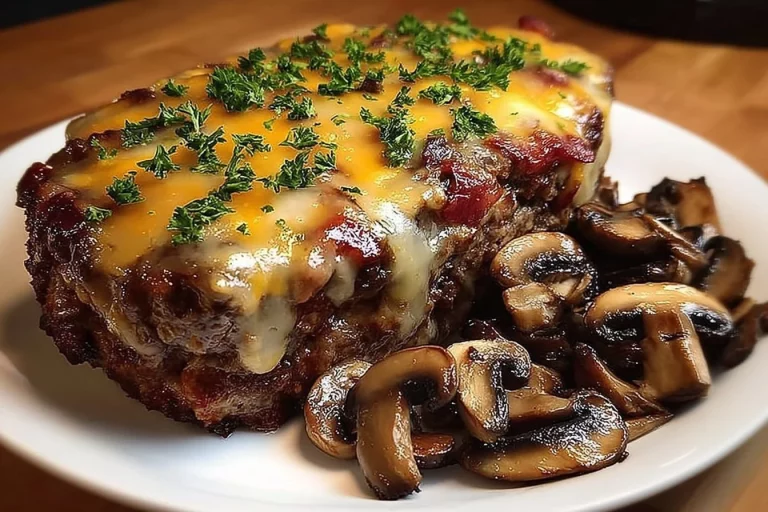 Delicious Swiss bacon mushroom meatloaf on a plate, garnished with herbs