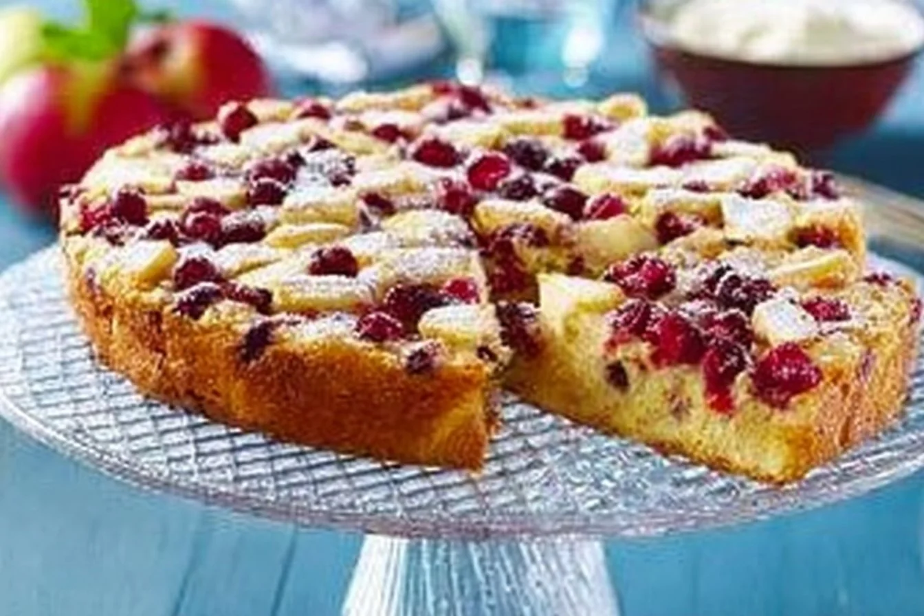 White chocolate cake topped with cranberries, showcasing a delicious dessert