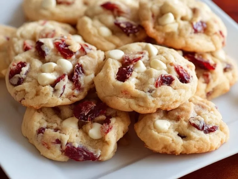 Plate of white chocolate cherry macadamia nut cookies fresh out of the oven.