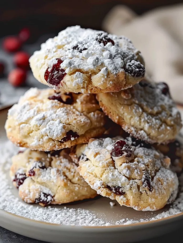 Delicious white chocolate cranberry cream cheese snowdrift cookies on a plate