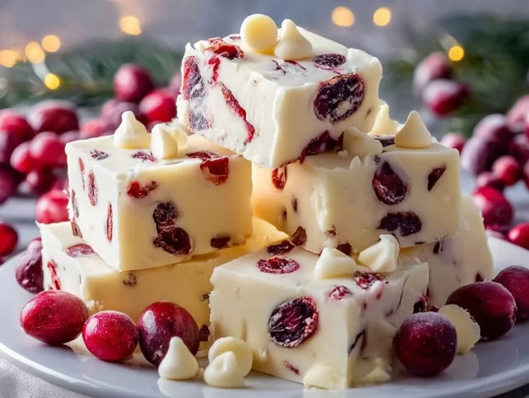Delicious white chocolate cranberry fudge dessert on a plate