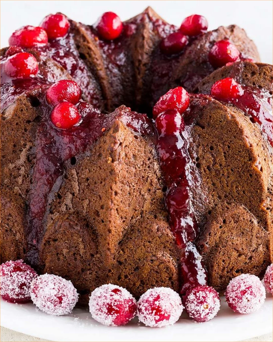 Apple Bean Cake served with warm cranberry sauce on a plate