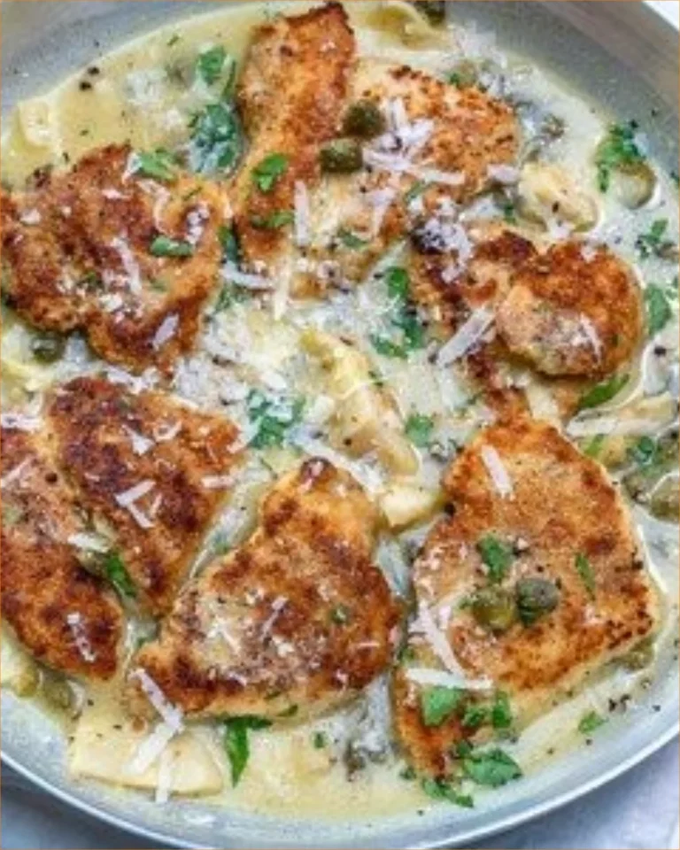 Delicious Artichoke Chicken Piccata served with fresh herbs and lemon