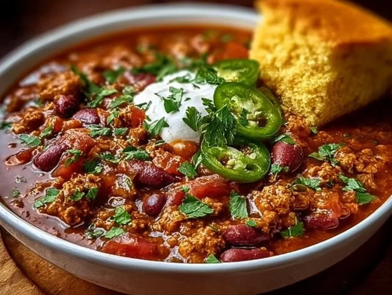 Delicious bowl of award-winning Canadian turkey chili topped with fresh herbs.