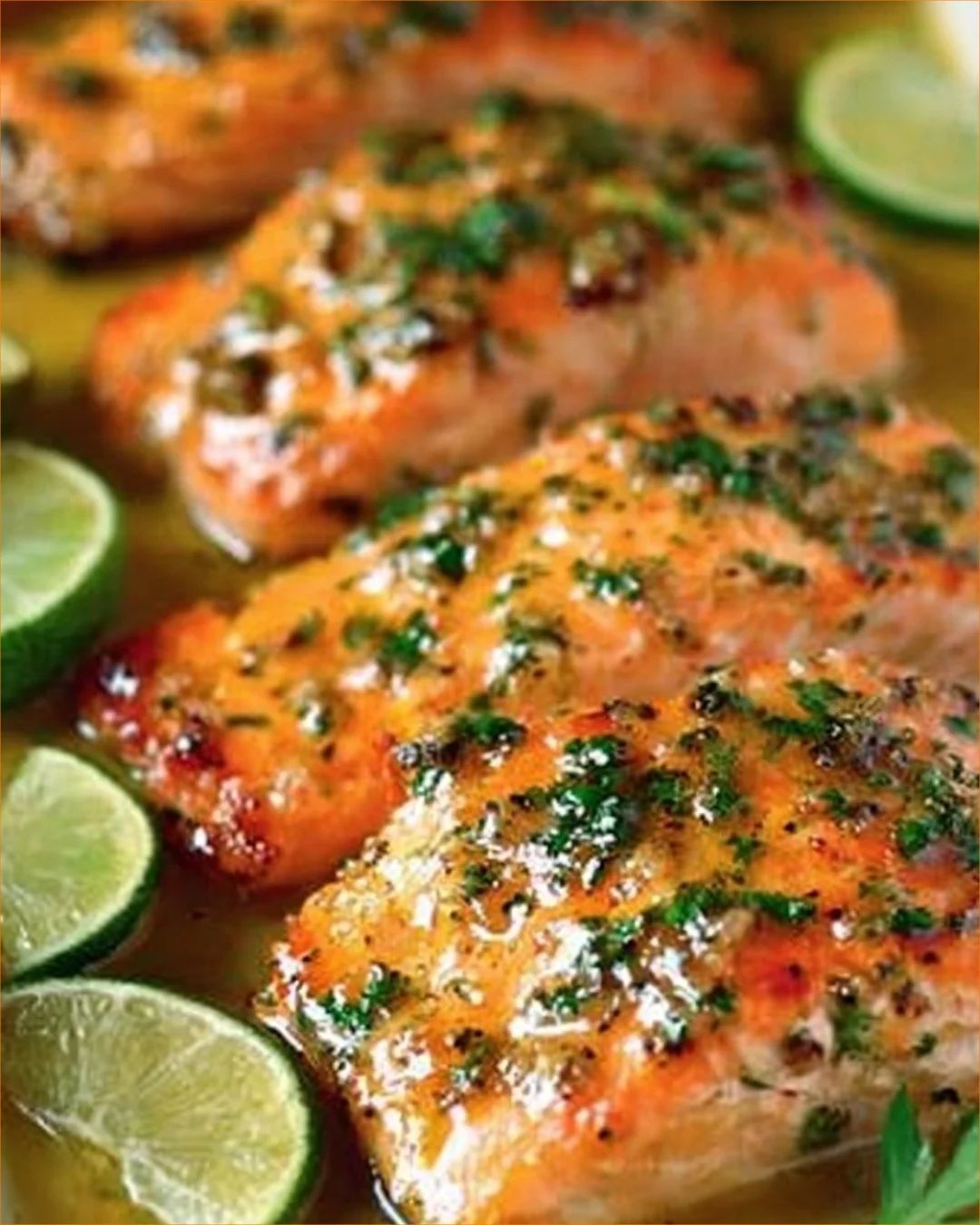 Baked Honey Lime Garlic Butter Salmon on a white plate with herbs