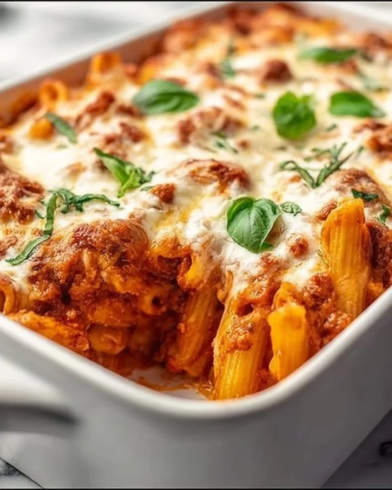 Baked ziti freezer meal ready to serve with melted cheese and pasta.