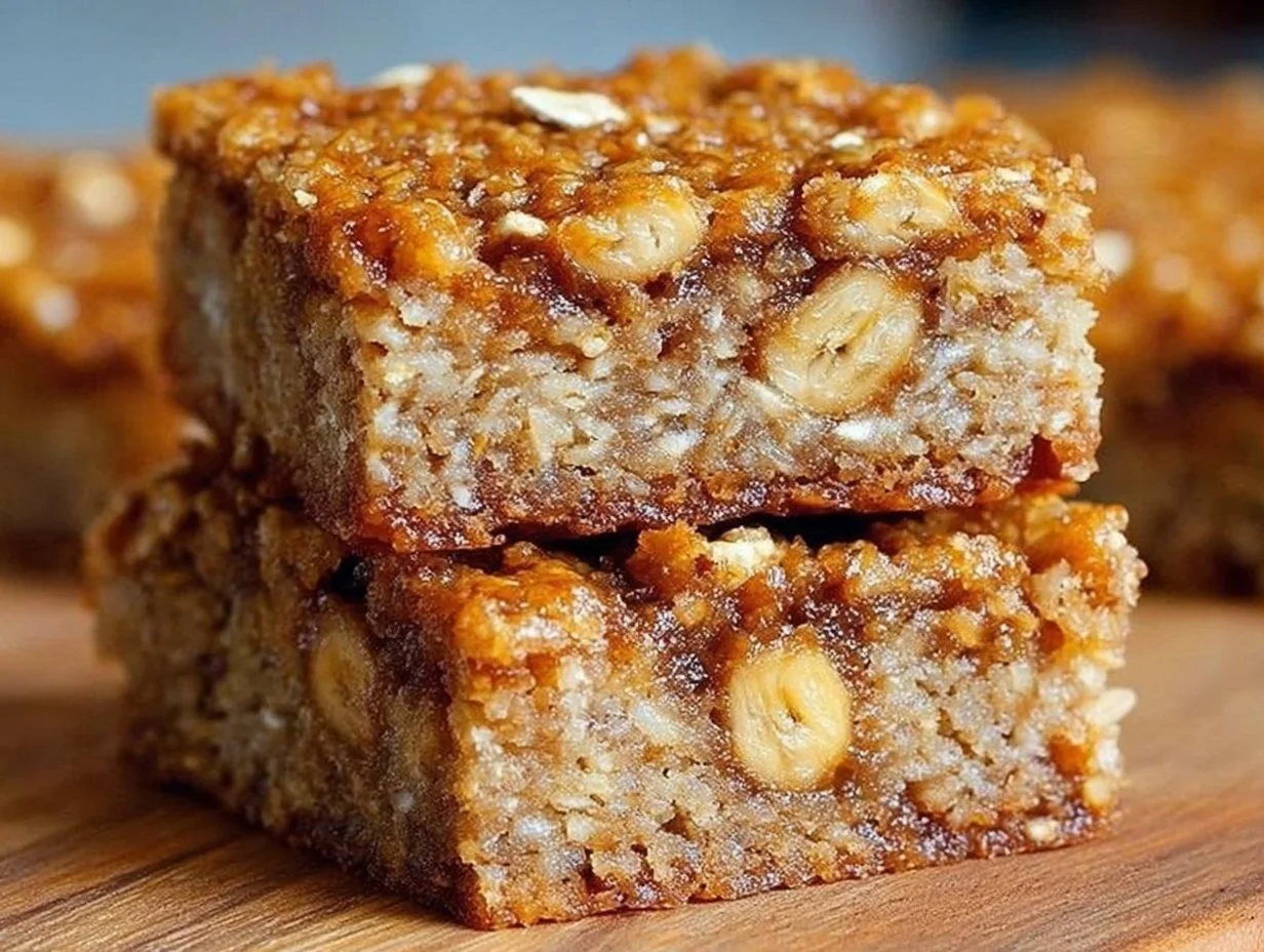 Homemade Banana Oatmeal Bars on a wooden plate