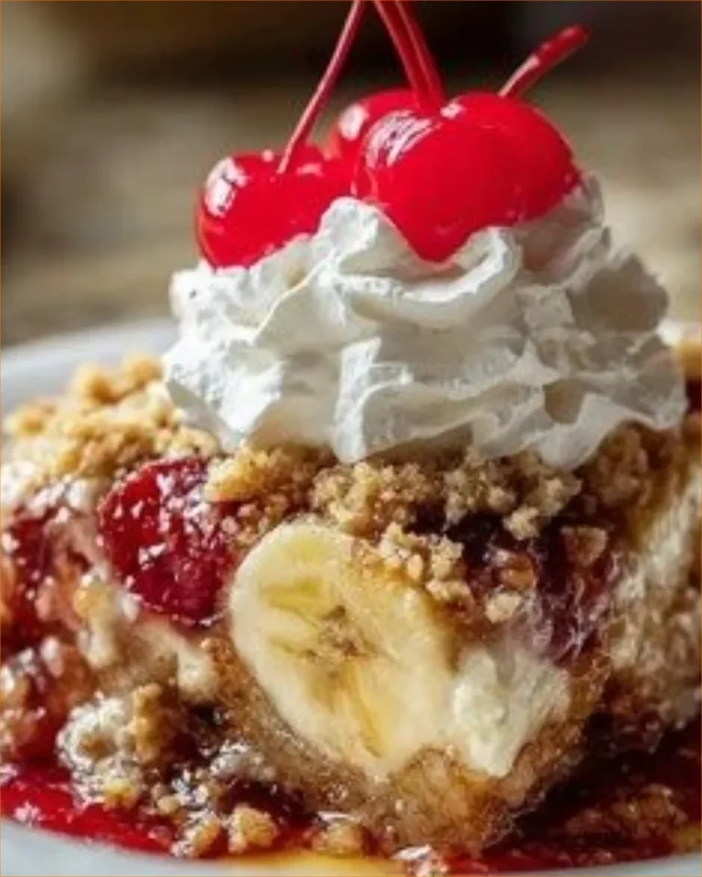 Banana split dump cake topped with whipped cream, bananas, and chocolate syrup.