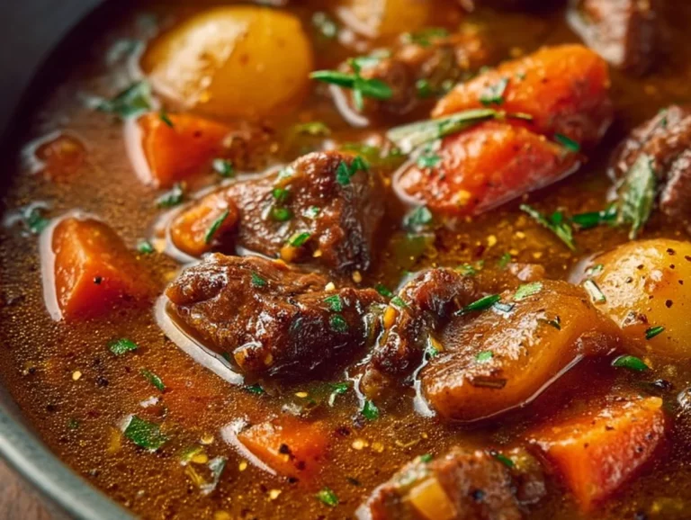 A hearty bowl of beef stew garnished with fresh herbs and vegetables