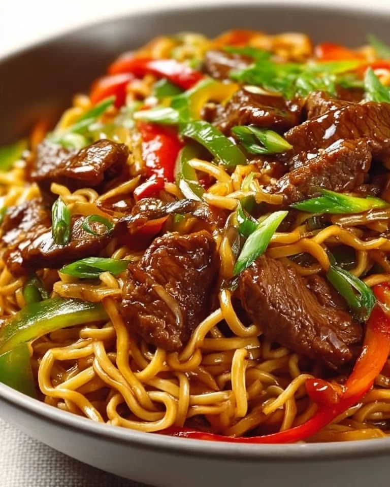 Beef stir fry with noodles and sticky sauce in a colorful bowl