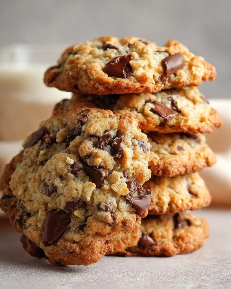 Freshly baked oatmeal chocolate chip cookies on a cooling rack