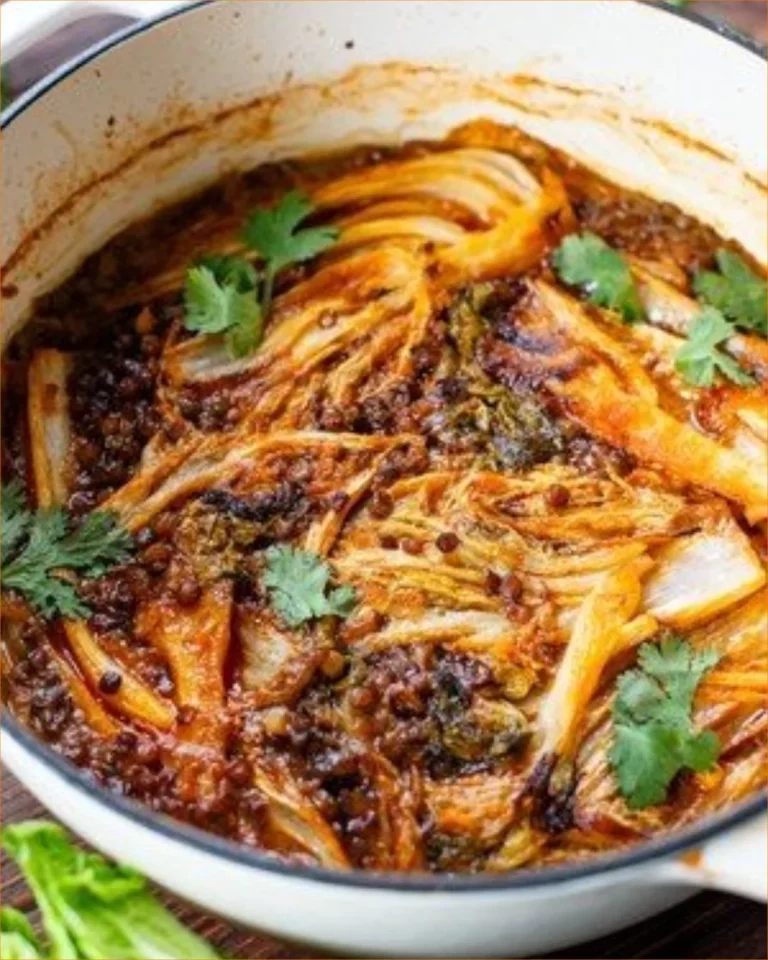 Bowl of braised cabbage and lentils garnished with herbs
