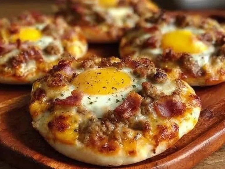 Delicious breakfast pizza topped with eggs, cheese and vegetables.