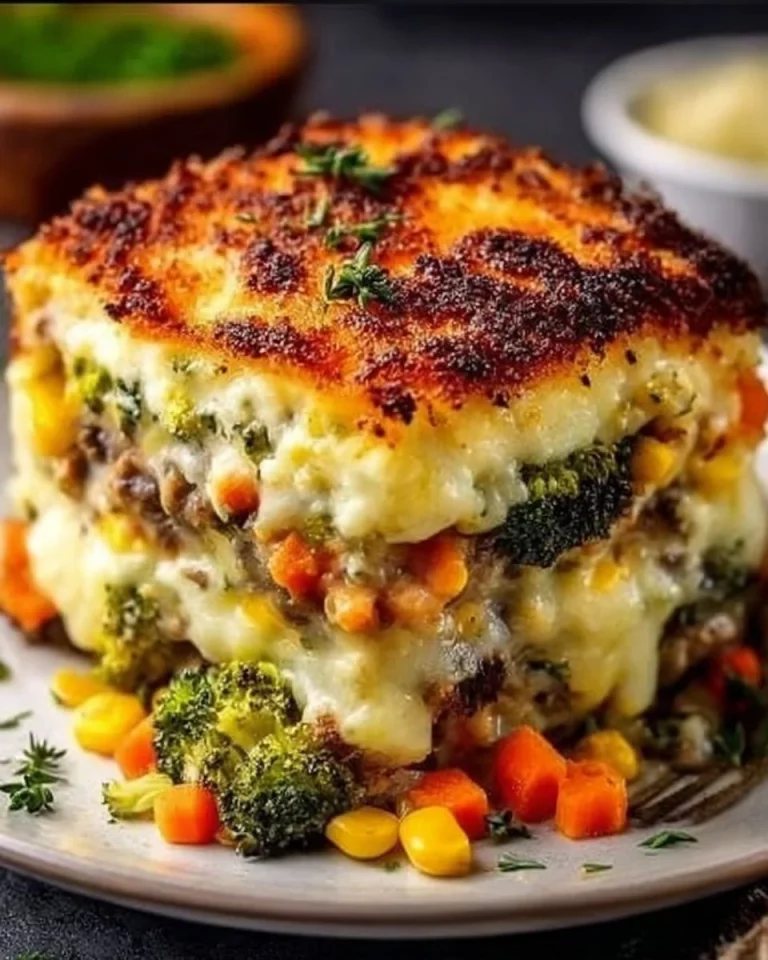 A cheesy vegetable bake dish, topped with melted cheese and fresh veggies