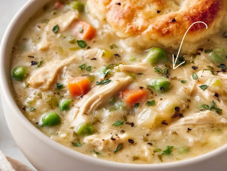 Bowl of Canadian Chicken Pot Pie Soup with vegetables and herbs