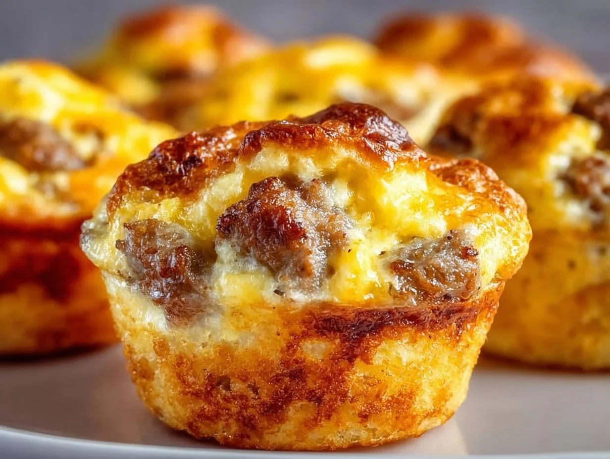 Delicious Bisquick Sausage Egg Muffins on a plate, featuring cheese and herbs.