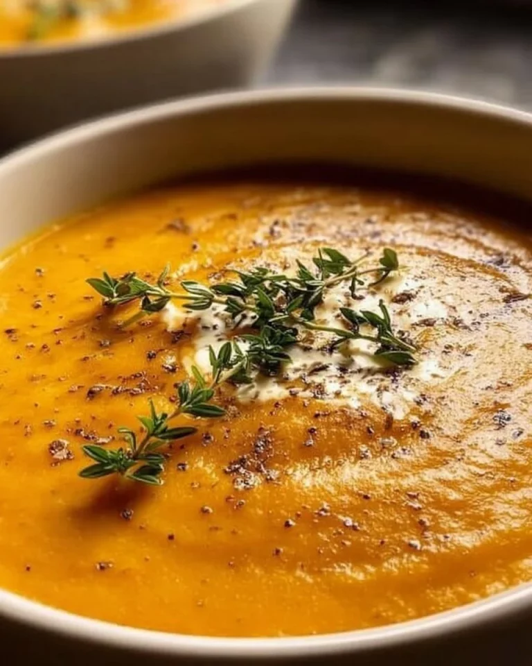 Bowl of creamy Canadian cozy butternut squash soup topped with herbs