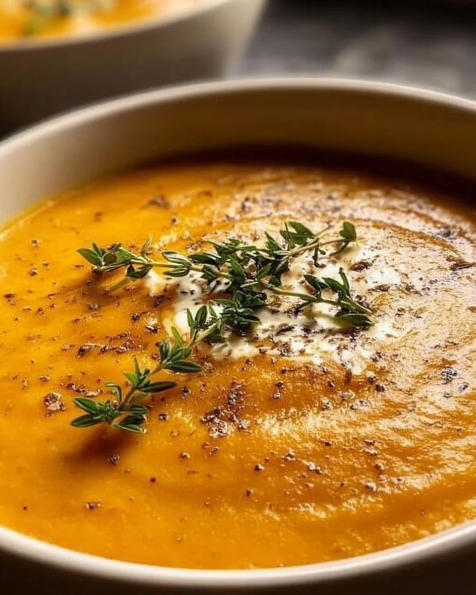 Bowl of creamy Canadian cozy butternut squash soup topped with herbs