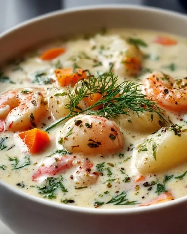 Bowl of Canadian creamy seafood chowder garnished with herbs and served with bread.