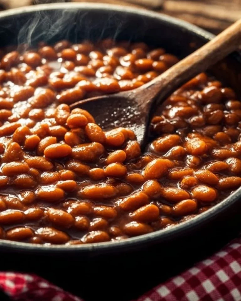 Bowl of Canadian Grandma Brown's classic baked beans with vegetables and herbs