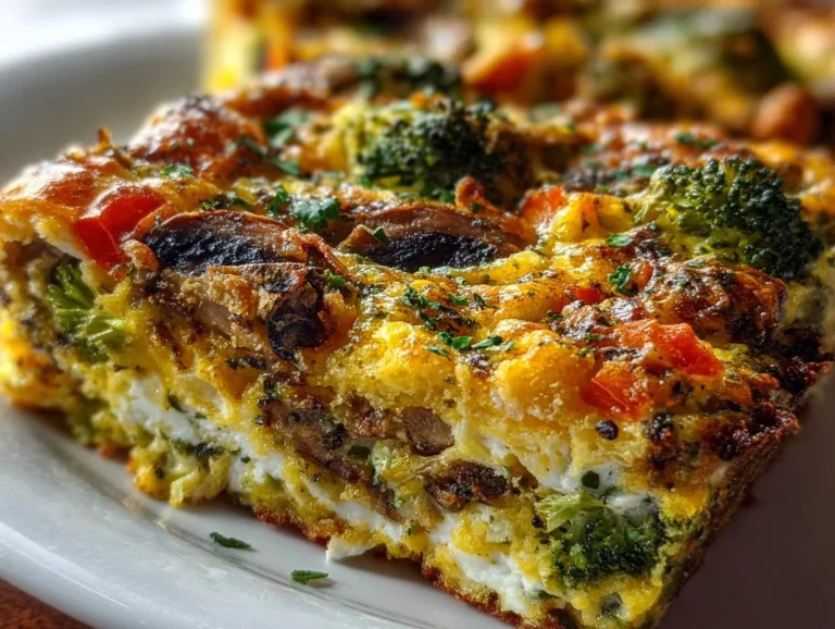 High-protein vegetable breakfast bake topped with fresh vegetables and cheese