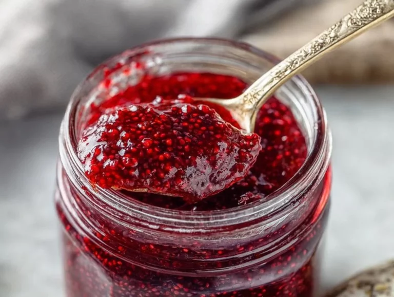 Jar of Canadian Maple Berry Chia Seed Jam with fresh berries and chia seeds.