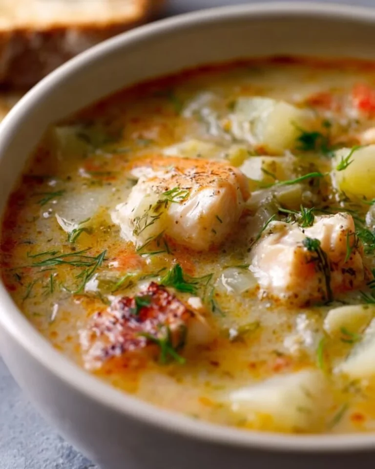A warm bowl of Canadian Maple-Infused Fish Chowder topped with herbs