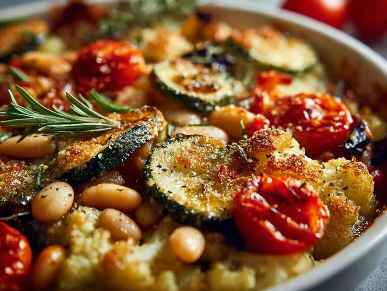 Canadian Rustic Roasted Vegetable Bake with Cannellini Beans in a baking dish