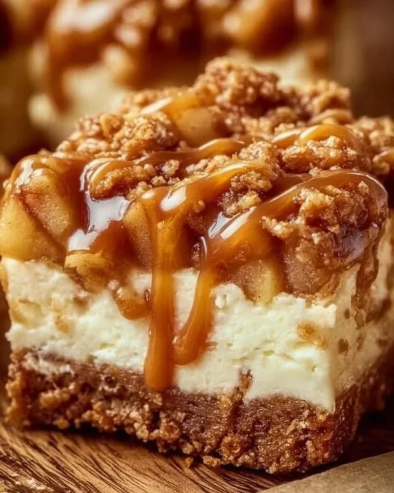 Delicious homemade caramel apple cheesecake bars topped with caramel sauce