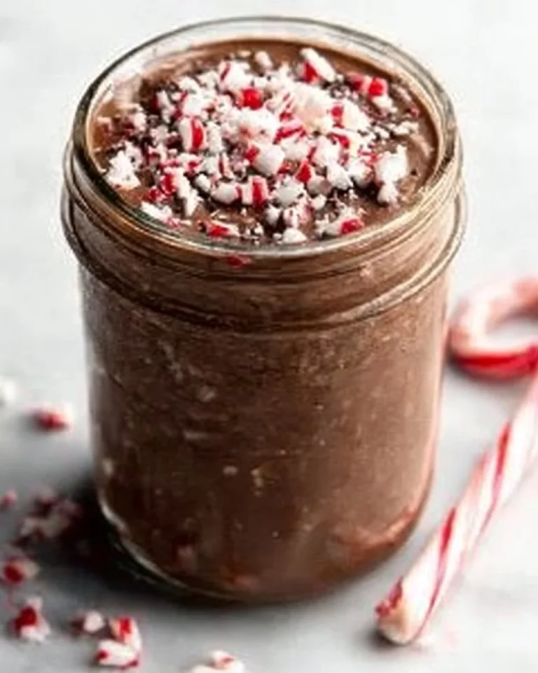 Chocolate peppermint overnight oats in a jar topped with mint and chocolate chips.