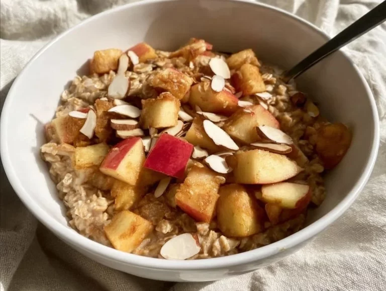 Bowl of Cinnamon Apple Oatmeal topped with fresh apples and cinnamon