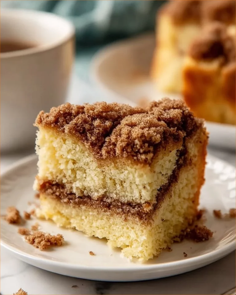Delicious slice of Classic Coffee Cake served on a plate with coffee cup