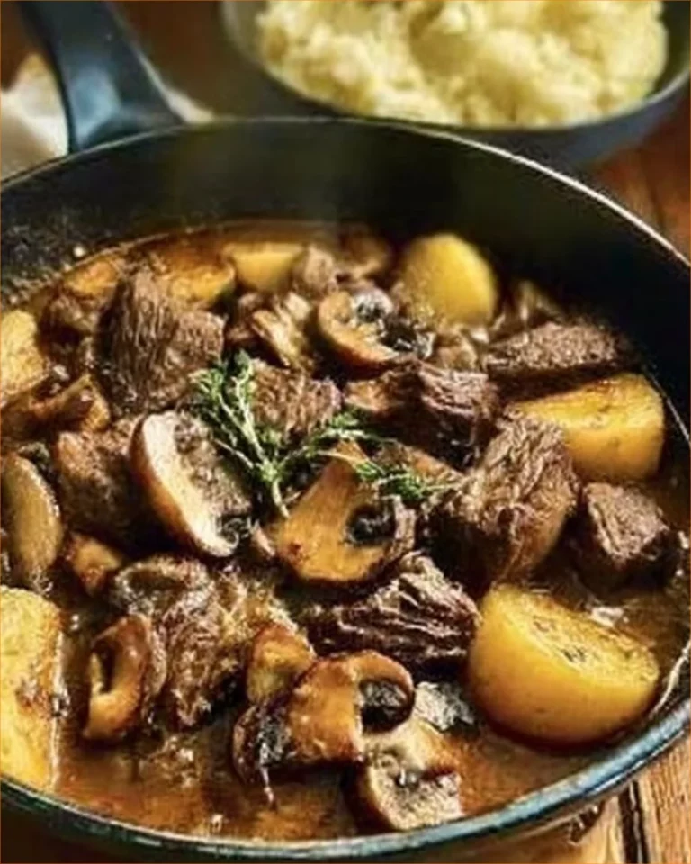 Delicious classic French beef stew with mushrooms in a rustic bowl