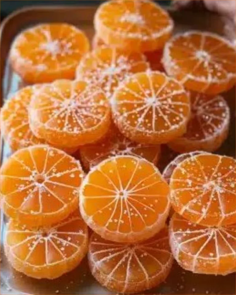 Classic homemade orange candy displayed on a rustic wooden table