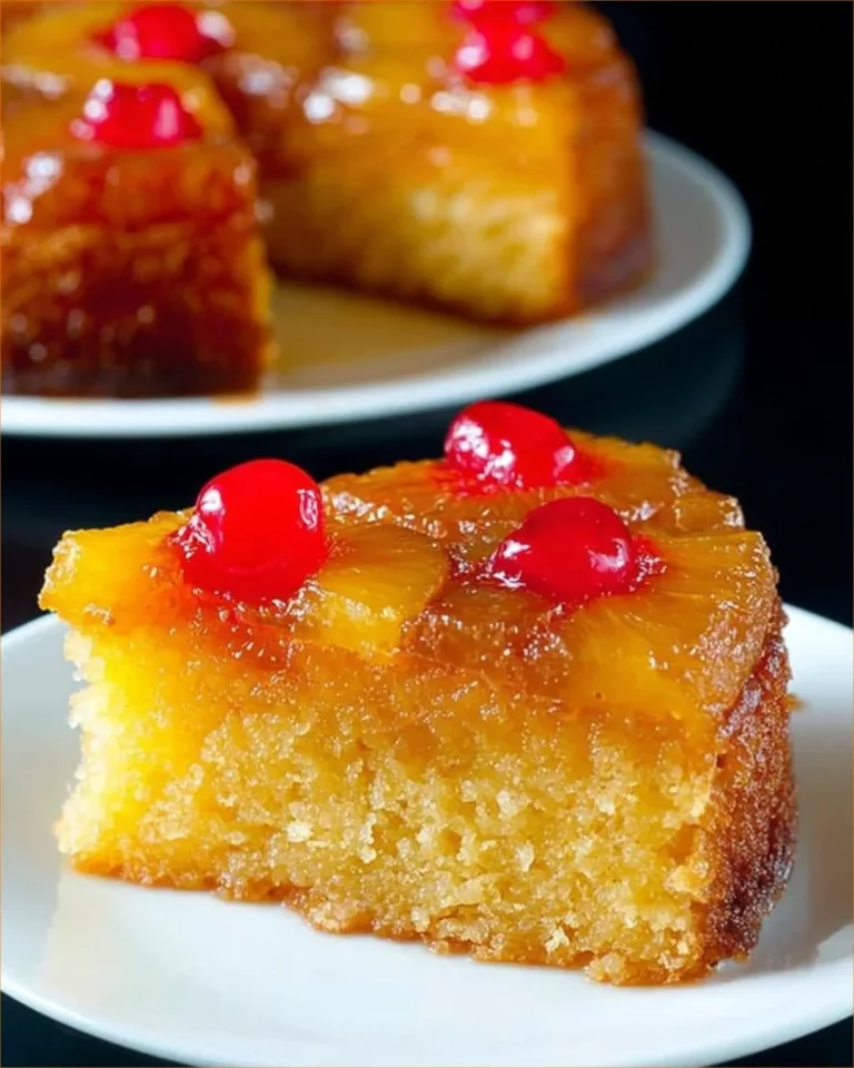 Classic pineapple cherry upside-down cake served on a white plate