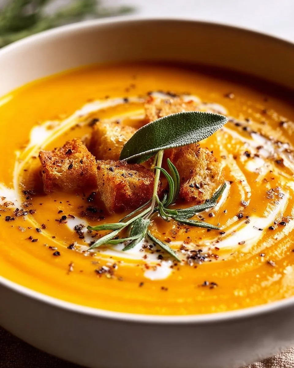 Bowl of classic roasted butternut squash soup garnished with herbs