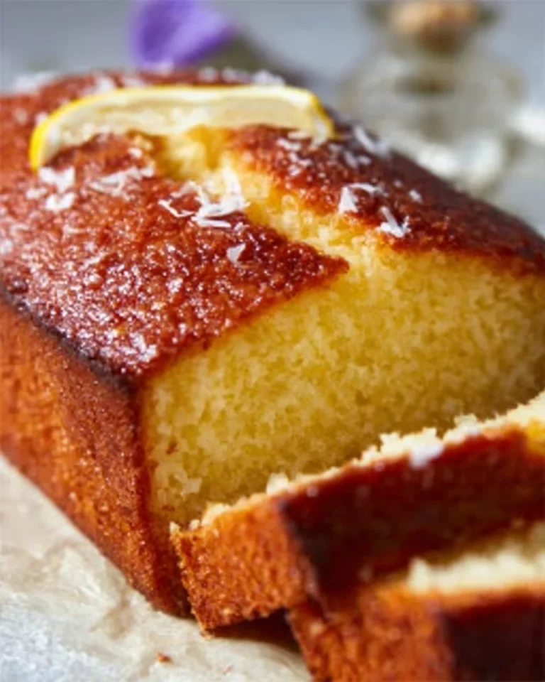 Freshly baked Coconut Lemon Loaf Cake on a wooden table, garnished with lemon slices.