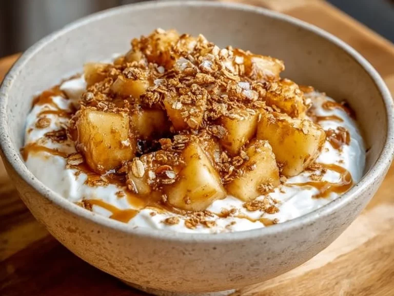 Cozy Canadian caramel apple yogurt bowl topped with fresh apples and caramel drizzle
