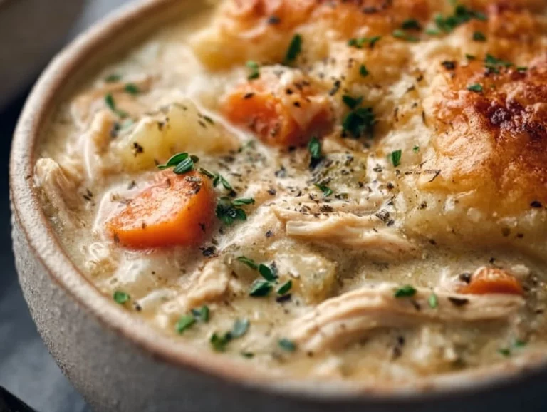 Delicious high protein chicken pot pie soup in a warm bowl