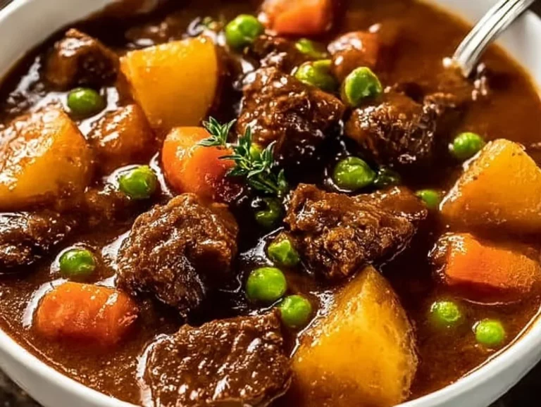 Bowl of cozy Canadian slow cooker beef stew with vegetables.
