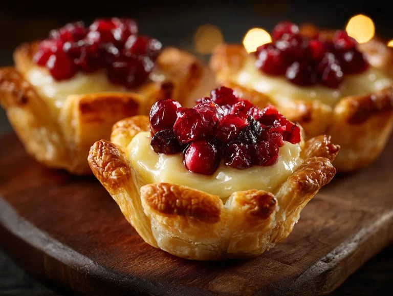 Cranberry orange brie bites served on a wooden platter, ideal for entertaining.