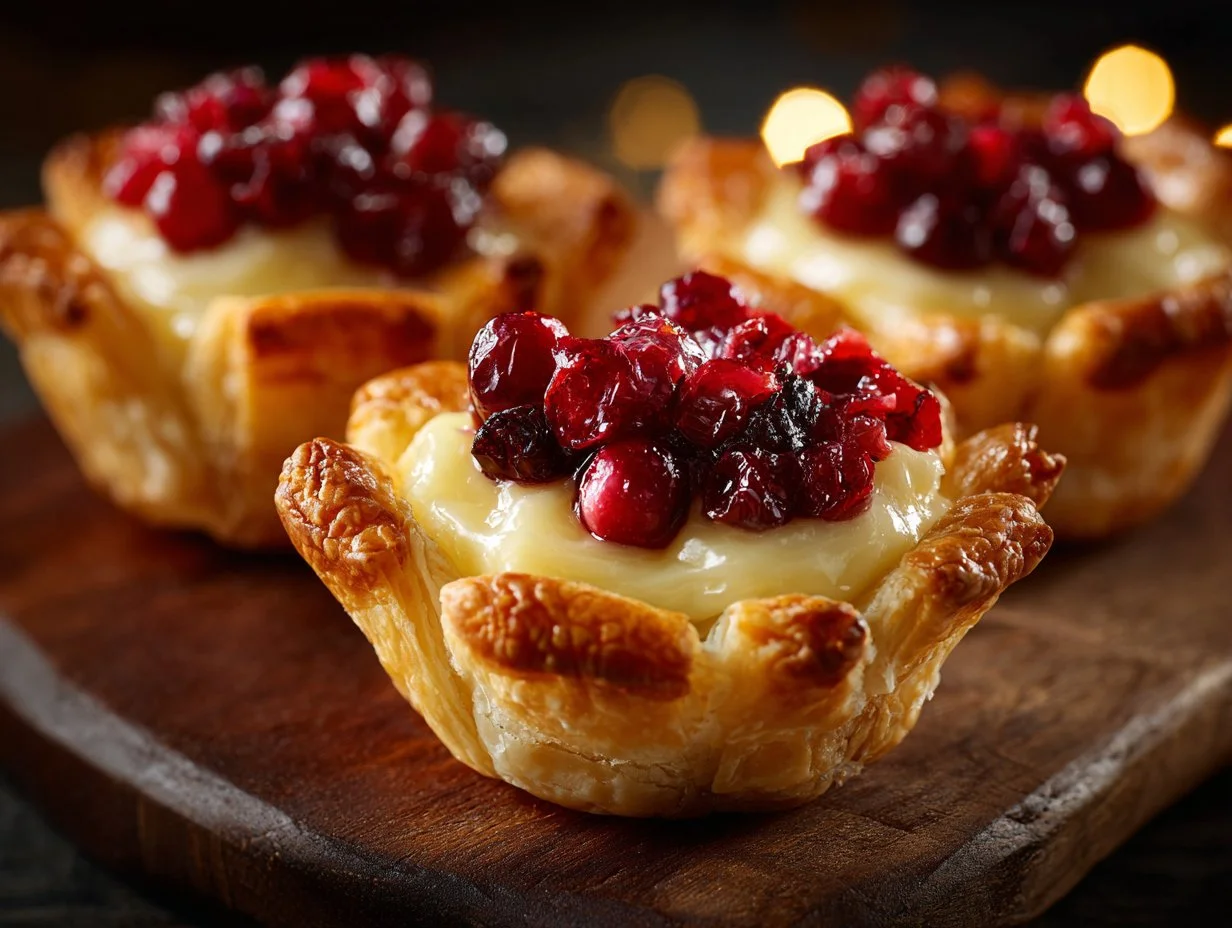 Cranberry orange brie bites served on a wooden platter, ideal for entertaining.