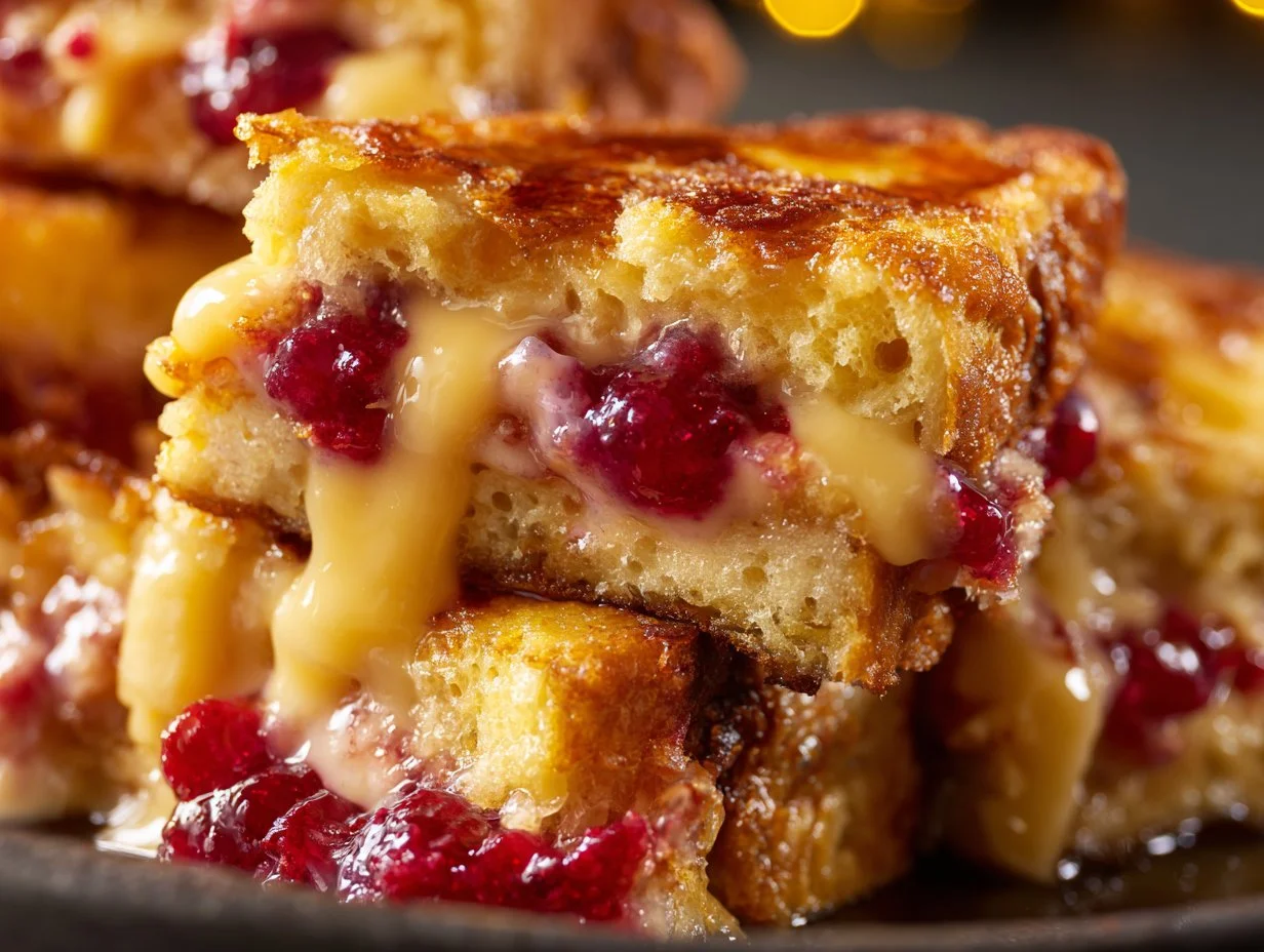 Cranberry Orange Overnight French Toast Bake topped with fresh cranberries and orange zest.