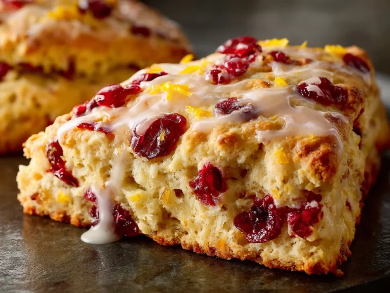 Golden cranberry orange scones freshly baked and served on a plate.