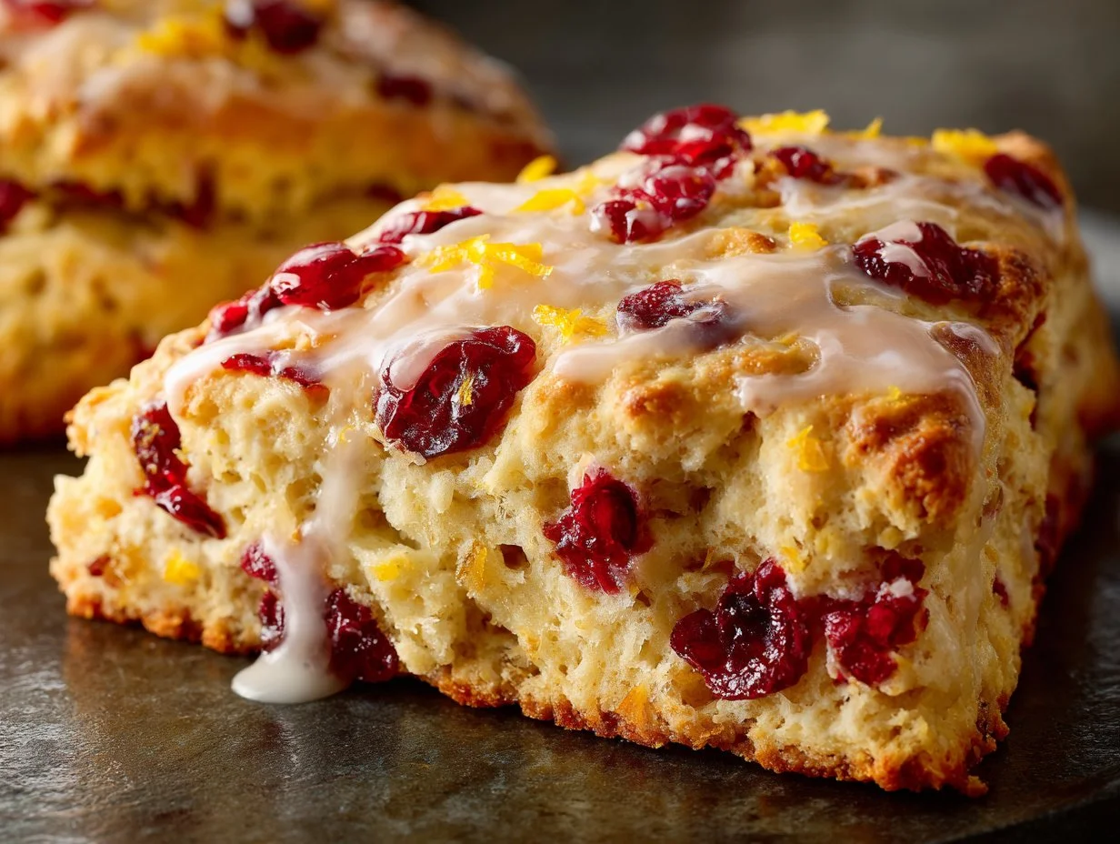 Golden cranberry orange scones freshly baked and served on a plate.