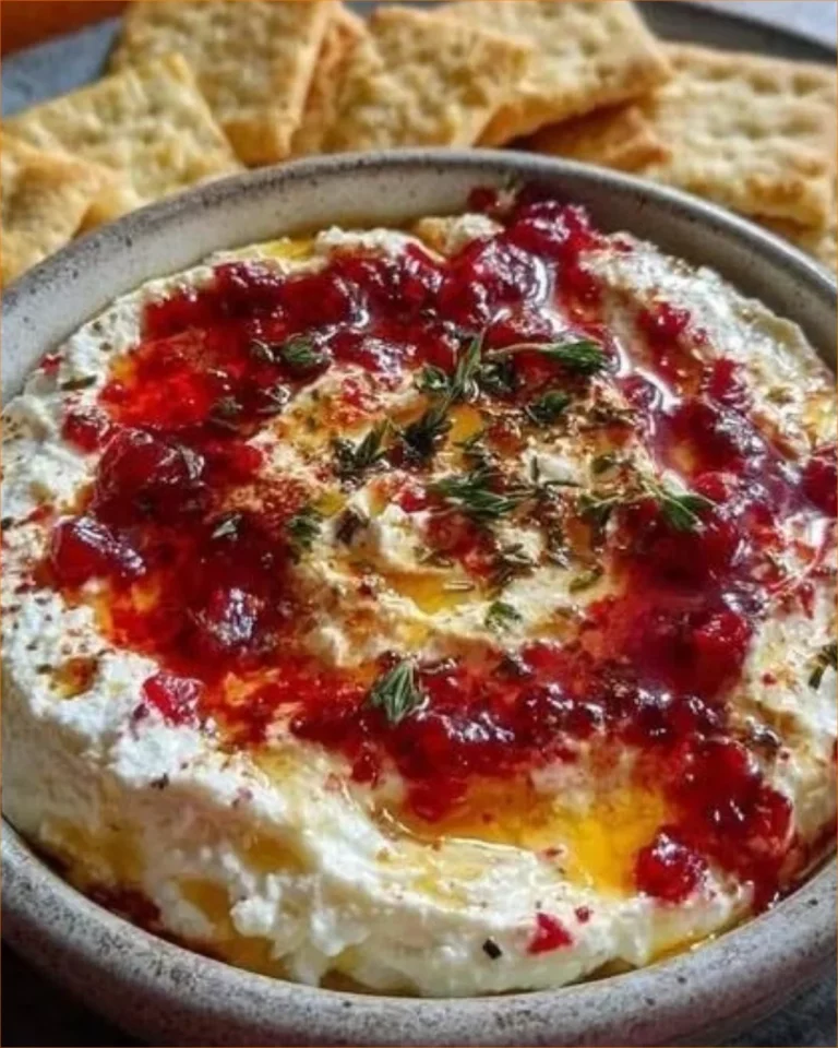 Cranberry Whipped Feta Dip topped with hot honey drizzle in a serving bowl.